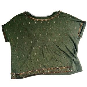 White House Black Market 100% Linen T-Shirt Woman All Over Gold Sequin Embellish